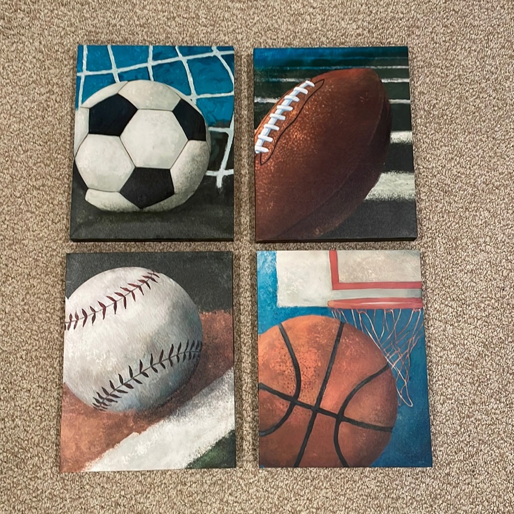 Set of 4 Sport Themed canvas wall art. Size is 14” x 11”